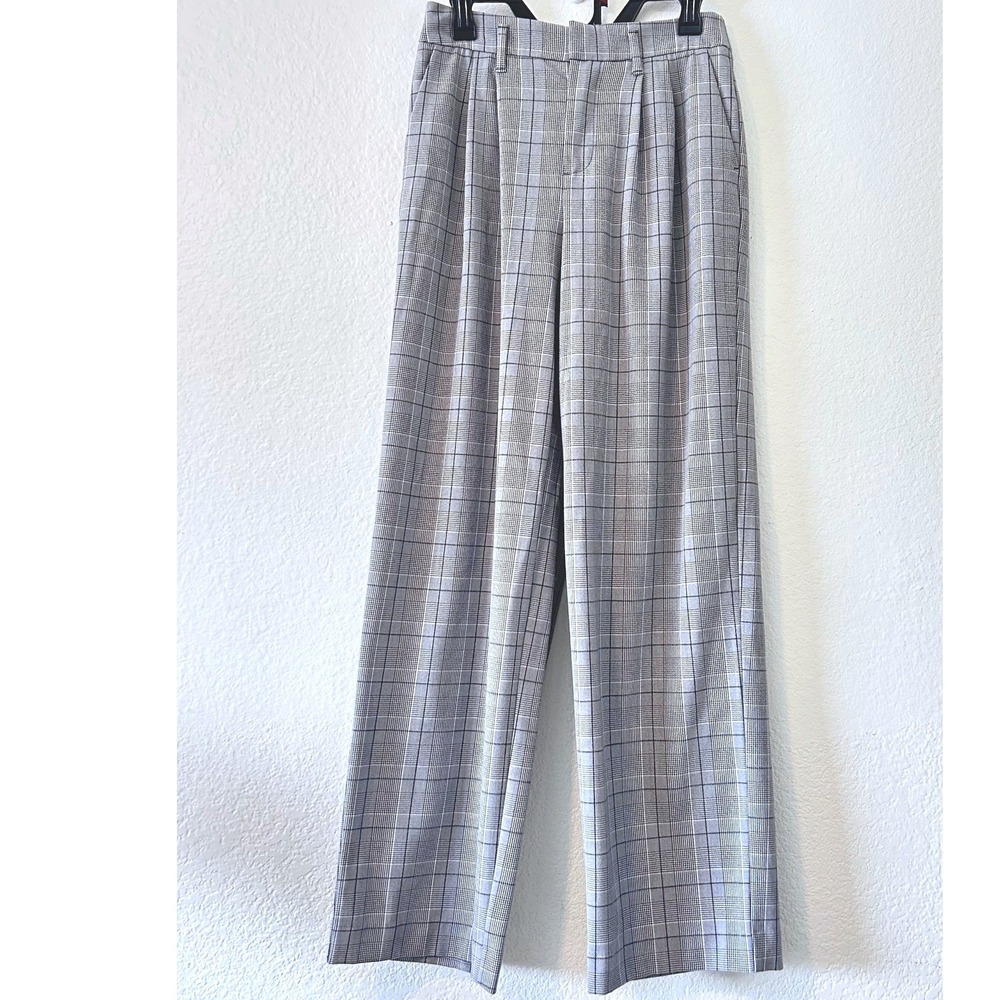 Scandi Grey Glen Plaid High Rise Wide Leg Pleated Trousers Pants Size 4